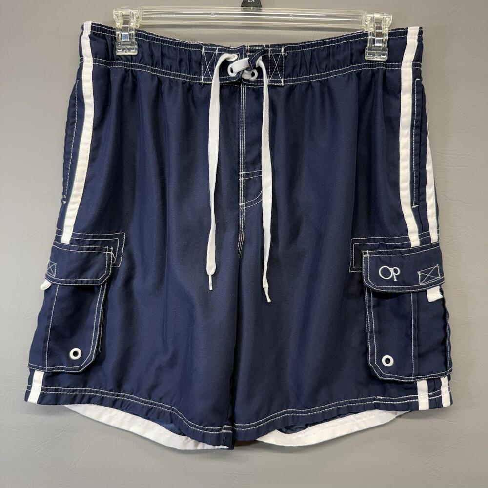 OP Ocean Pacific Board Shorts Mens Large 36/38 Navy Blue Cargo Swim Trunks Lined